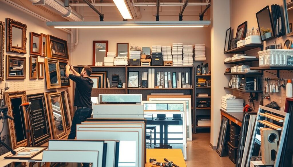 A neatly organized workshop with professional-grade tools and equipment for mirror installation. The foreground showcases a skilled technician carefully measuring and marking the wall, ensuring precise placement. In the middle ground, various types of mirrors are displayed, ranging from decorative framed pieces to sleek modern designs. The background features a well-stocked inventory of mirror hardware, adhesives, and other necessary supplies. Warm, diffused lighting creates a calming, focused atmosphere, highlighting the attention to detail and expertise of the mirror installation service. A sense of order, efficiency, and dedication to quality craftsmanship permeates the scene. A neatly organized workshop with professional-grade tools and equipment for mirror installation. The foreground showcases a skilled technician carefully measuring and marking the wall, ensuring precise placement. In the middle ground, various types of mirrors are displayed, ranging from decorative framed pieces to sleek modern designs. The background features a well-stocked inventory of mirror hardware, adhesives, and other necessary supplies. Warm, diffused lighting creates a calming, focused atmosphere, highlighting the attention to detail and expertise of the mirror installation service. A sense of order, efficiency, and dedication to quality craftsmanship permeates the scene.