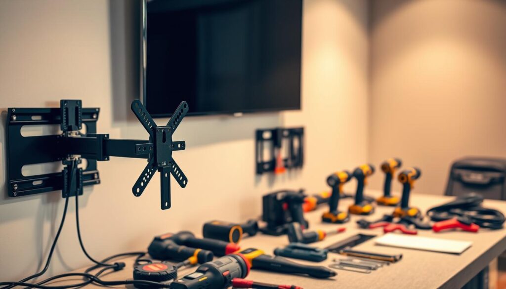 A neatly organized workspace with professional TV mounting equipment prominently displayed. In the foreground, a high-quality TV wall mount, sturdy and adjustable, ready for installation. In the middle ground, various power tools, a stud finder, and other essential installation tools arranged with precision. The background features a clean, well-lit room with neutral-toned walls, conveying a sense of expertise and attention to detail. Soft, directional lighting casts subtle shadows, emphasizing the technical nature of the scene. The overall atmosphere is one of efficiency, professionalism, and a commitment to delivering a seamless TV mounting experience. A neatly organized workspace with professional TV mounting equipment prominently displayed. In the foreground, a high-quality TV wall mount, sturdy and adjustable, ready for installation. In the middle ground, various power tools, a stud finder, and other essential installation tools arranged with precision. The background features a clean, well-lit room with neutral-toned walls, conveying a sense of expertise and attention to detail. Soft, directional lighting casts subtle shadows, emphasizing the technical nature of the scene. The overall atmosphere is one of efficiency, professionalism, and a commitment to delivering a seamless TV mounting experience.