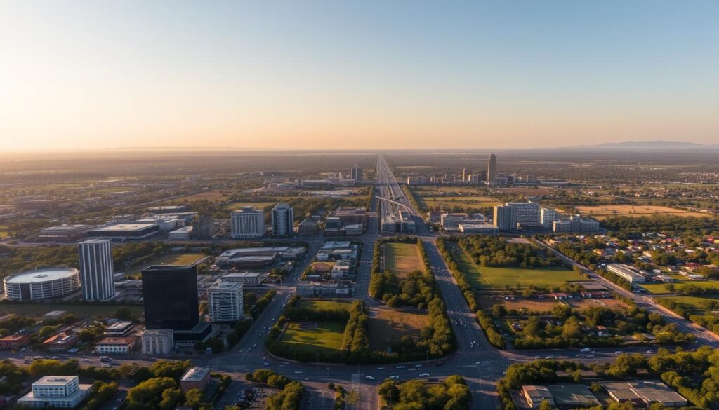 A panoramic aerial view of Johannesburg, Pretoria, and the greater Gauteng region, captured with a high-resolution drone camera. The cityscape stretches out in the foreground, with skyscrapers and commercial buildings nestled among lush green parks and tree-lined streets. In the middle ground, the busy highways and transportation networks that connect the major hubs are visible, conveying a sense of the area's extensive coverage and accessibility. The background fades into the horizon, where the rolling hills and farmlands of the South African landscape provide a picturesque backdrop. The image is bathed in warm, golden hour lighting, creating a welcoming and vibrant atmosphere that reflects the comprehensive commercial furniture services offered throughout this dynamic metropolitan region. A panoramic aerial view of Johannesburg, Pretoria, and the greater Gauteng region, captured with a high-resolution drone camera. The cityscape stretches out in the foreground, with skyscrapers and commercial buildings nestled among lush green parks and tree-lined streets. In the middle ground, the busy highways and transportation networks that connect the major hubs are visible, conveying a sense of the area's extensive coverage and accessibility. The background fades into the horizon, where the rolling hills and farmlands of the South African landscape provide a picturesque backdrop. The image is bathed in warm, golden hour lighting, creating a welcoming and vibrant atmosphere that reflects the comprehensive commercial furniture services offered throughout this dynamic metropolitan region.
