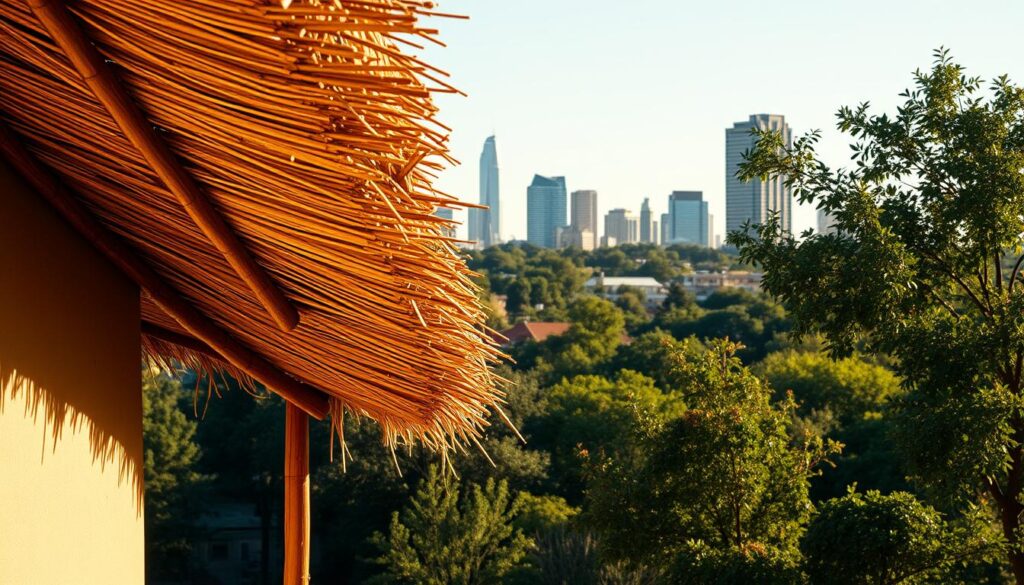 A picturesque thatched roof against the backdrop of the Johannesburg skyline, showcasing the regional pricing variations across Gauteng province. The thatch weaves a warm, rustic texture, illuminated by soft, natural lighting that filters through the lush, verdant surroundings. The image captures the elegant blend of traditional architecture and modern urban development, conveying the cost per square meter for this sustainable roofing solution in the local context. Captured at a medium-wide angle, the scene offers a balanced and visually compelling representation of the subject matter. A picturesque thatched roof against the backdrop of the Johannesburg skyline, showcasing the regional pricing variations across Gauteng province. The thatch weaves a warm, rustic texture, illuminated by soft, natural lighting that filters through the lush, verdant surroundings. The image captures the elegant blend of traditional architecture and modern urban development, conveying the cost per square meter for this sustainable roofing solution in the local context. Captured at a medium-wide angle, the scene offers a balanced and visually compelling representation of the subject matter.