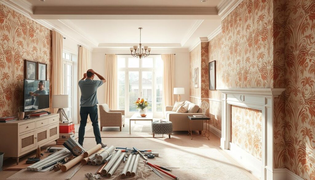 A pristine, well-lit residential living room showcasing the process of professional wallpaper installation. In the foreground, a skilled technician carefully aligns and smooths a vibrant, high-quality wallpaper onto the wall, ensuring seamless patterns and precise edges. The middle ground features an assortment of wallpaper rolls, tools, and adhesives, conveying the expertise and attention to detail required for a flawless installation. The background depicts a spacious, sun-drenched room with elegant furnishings, highlighting how the expertly installed wallpaper seamlessly complements the overall decor, elevating the space. The scene exudes a sense of tranquility, order, and the pride of a job well done, reflecting the high-caliber residential wallpaper installation services. A pristine, well-lit residential living room showcasing the process of professional wallpaper installation. In the foreground, a skilled technician carefully aligns and smooths a vibrant, high-quality wallpaper onto the wall, ensuring seamless patterns and precise edges. The middle ground features an assortment of wallpaper rolls, tools, and adhesives, conveying the expertise and attention to detail required for a flawless installation. The background depicts a spacious, sun-drenched room with elegant furnishings, highlighting how the expertly installed wallpaper seamlessly complements the overall decor, elevating the space. The scene exudes a sense of tranquility, order, and the pride of a job well done, reflecting the high-caliber residential wallpaper installation services.