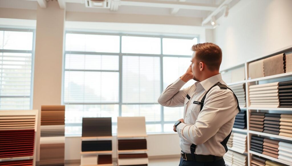 A professional blind installation service in a well-lit, modern showroom. The foreground features an installer in a crisp uniform, carefully measuring and assessing a set of stylish, minimalist window blinds. The middle ground showcases a variety of blind samples, textures, and color palettes displayed on sleek shelving units. The background reveals a spacious, airy room with large windows, allowing natural light to flood the space and highlight the quality of the products. The overall atmosphere conveys a sense of expertise, attention to detail, and a commitment to providing tailored solutions for every customer's needs. A professional blind installation service in a well-lit, modern showroom. The foreground features an installer in a crisp uniform, carefully measuring and assessing a set of stylish, minimalist window blinds. The middle ground showcases a variety of blind samples, textures, and color palettes displayed on sleek shelving units. The background reveals a spacious, airy room with large windows, allowing natural light to flood the space and highlight the quality of the products. The overall atmosphere conveys a sense of expertise, attention to detail, and a commitment to providing tailored solutions for every customer's needs.