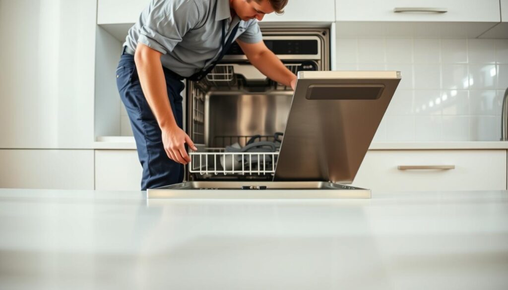A professional dishwasher installation service set in a modern kitchen. In the foreground, a technician in a crisp uniform carefully aligns the dishwasher, ensuring precise placement. The middle ground showcases the sleek, stainless steel appliance, its clean lines and gleaming finish reflecting the room's bright, natural lighting. In the background, the kitchen's pristine tile backsplash and gleaming countertops convey a sense of order and efficiency. The overall atmosphere exudes professionalism, attention to detail, and a commitment to delivering a seamless, high-quality installation experience. A professional dishwasher installation service set in a modern kitchen. In the foreground, a technician in a crisp uniform carefully aligns the dishwasher, ensuring precise placement. The middle ground showcases the sleek, stainless steel appliance, its clean lines and gleaming finish reflecting the room's bright, natural lighting. In the background, the kitchen's pristine tile backsplash and gleaming countertops convey a sense of order and efficiency. The overall atmosphere exudes professionalism, attention to detail, and a commitment to delivering a seamless, high-quality installation experience.