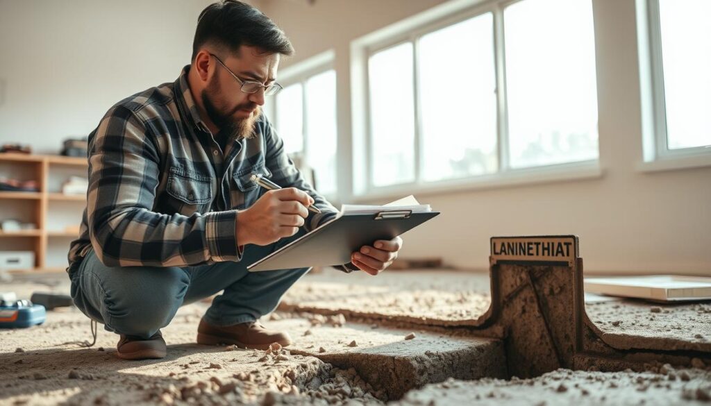 A professional handyman carefully examining a cracked foundation, clipboard in hand, meticulously assessing the extent of the damage. The scene is set in a well-lit room, with natural light streaming in through large windows, casting a warm glow on the subject. The handyman's expression is one of focused concentration, as he jots down notes and measurements, preparing a detailed cost estimate for the necessary foundation repairs. The background is uncluttered, allowing the viewer to focus on the task at hand, with subtle hints of a neatly organized workspace visible in the periphery. A professional handyman carefully examining a cracked foundation, clipboard in hand, meticulously assessing the extent of the damage. The scene is set in a well-lit room, with natural light streaming in through large windows, casting a warm glow on the subject. The handyman's expression is one of focused concentration, as he jots down notes and measurements, preparing a detailed cost estimate for the necessary foundation repairs. The background is uncluttered, allowing the viewer to focus on the task at hand, with subtle hints of a neatly organized workspace visible in the periphery.