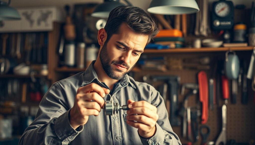 A professional locksmith in Pretoria standing confidently in his workshop, expertly examining a lock mechanism. The lighting is warm and inviting, casting a soft glow on his focused expression as he skillfully manipulates the intricate components. The background showcases the organized tools and equipment of his trade, conveying a sense of expertise and attention to detail. The overall atmosphere exudes a combination of professionalism, problem-solving, and a commitment to providing exceptional locksmith services to the community. A professional locksmith in Pretoria standing confidently in his workshop, expertly examining a lock mechanism. The lighting is warm and inviting, casting a soft glow on his focused expression as he skillfully manipulates the intricate components. The background showcases the organized tools and equipment of his trade, conveying a sense of expertise and attention to detail. The overall atmosphere exudes a combination of professionalism, problem-solving, and a commitment to providing exceptional locksmith services to the community.