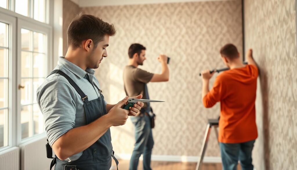 A professional wallpaper installation crew hard at work, meticulously applying high-quality wallpaper in a bright, modern living room. The room is flooded with natural light from large windows, casting a warm glow on the workers as they expertly measure, cut, and smooth the wallpaper panels onto the walls. In the foreground, a skilled installer carefully aligns the pattern, ensuring a seamless, flawless finish. In the middle ground, another technician trims excess material with a sharp utility knife, while in the background, their colleague prepares the next section. The scene exudes a sense of efficiency, attention to detail, and pride in a job well done, perfectly capturing the essence of comprehensive, professional wallpaper services. A professional wallpaper installation crew hard at work, meticulously applying high-quality wallpaper in a bright, modern living room. The room is flooded with natural light from large windows, casting a warm glow on the workers as they expertly measure, cut, and smooth the wallpaper panels onto the walls. In the foreground, a skilled installer carefully aligns the pattern, ensuring a seamless, flawless finish. In the middle ground, another technician trims excess material with a sharp utility knife, while in the background, their colleague prepares the next section. The scene exudes a sense of efficiency, attention to detail, and pride in a job well done, perfectly capturing the essence of comprehensive, professional wallpaper services.