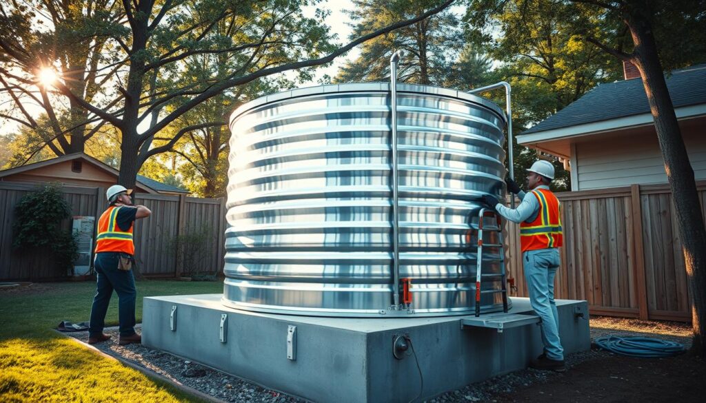 A professional water tank being installed by a team of skilled technicians in a residential backyard. The tank is made of sturdy stainless steel with a sleek, modern design. The workers are dressed in safety gear, using specialized tools and equipment to carefully secure the tank onto a stable concrete foundation. The scene is well-lit, with soft, diffused sunlight filtering through the surrounding trees, creating a warm, natural atmosphere. The angle showcases the attention to detail and craftsmanship of the installation process, highlighting the expertise and professionalism of the team. A professional water tank being installed by a team of skilled technicians in a residential backyard. The tank is made of sturdy stainless steel with a sleek, modern design. The workers are dressed in safety gear, using specialized tools and equipment to carefully secure the tank onto a stable concrete foundation. The scene is well-lit, with soft, diffused sunlight filtering through the surrounding trees, creating a warm, natural atmosphere. The angle showcases the attention to detail and craftsmanship of the installation process, highlighting the expertise and professionalism of the team.