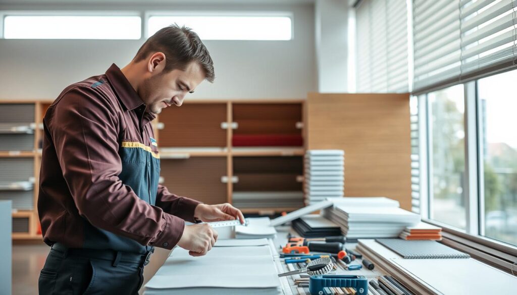 A professional window blind installation service, captured in a well-lit, modern interior space. In the foreground, a technician in a crisp uniform meticulously measures and cuts a high-quality blind material, showcasing their attention to detail. In the middle ground, an array of blind samples and tools are neatly organized, conveying a sense of expertise and preparedness. The background features a large window, allowing natural light to flood the scene and highlighting the importance of proper window treatments. The overall atmosphere is one of professionalism, efficiency, and a commitment to providing customers with a seamless and satisfactory blind installation experience. A professional window blind installation service, captured in a well-lit, modern interior space. In the foreground, a technician in a crisp uniform meticulously measures and cuts a high-quality blind material, showcasing their attention to detail. In the middle ground, an array of blind samples and tools are neatly organized, conveying a sense of expertise and preparedness. The background features a large window, allowing natural light to flood the scene and highlighting the importance of proper window treatments. The overall atmosphere is one of professionalism, efficiency, and a commitment to providing customers with a seamless and satisfactory blind installation experience.
