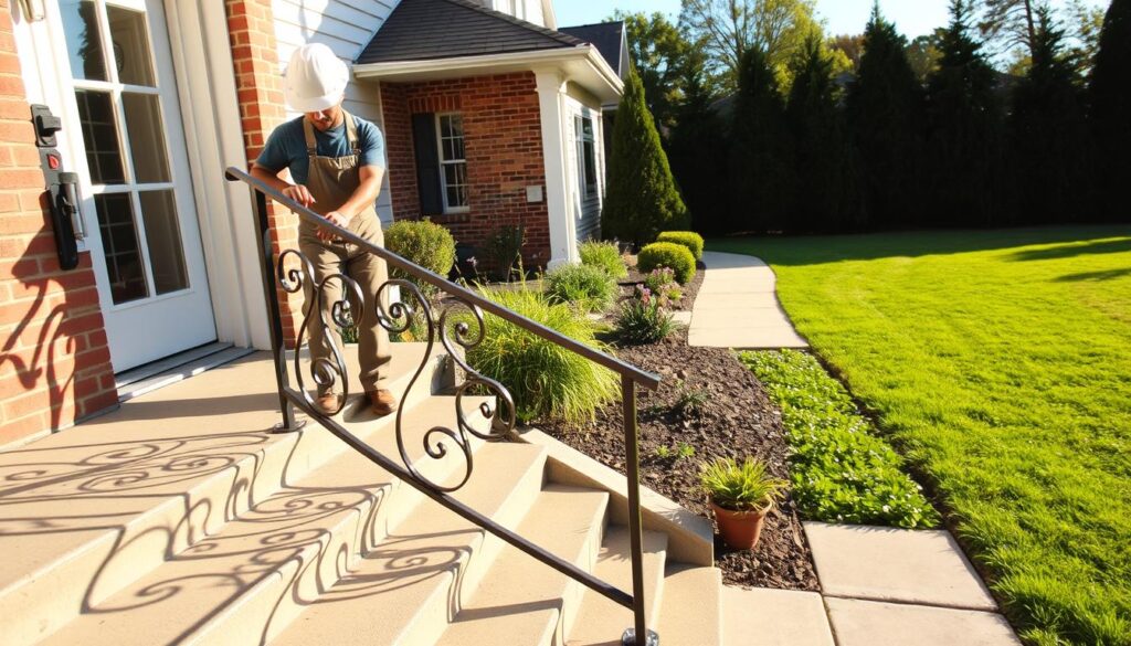A residential home, its exterior bathed in warm afternoon sunlight. In the foreground, a worker in a hard hat and overalls carefully installs a sturdy, wrought-iron handrail along a set of stairs leading up to the front door. The handrail's intricate, scrolled design casts dynamic shadows on the concrete steps. In the middle ground, the home's facade features a mix of brick and white siding, with well-tended flower beds lining the walkway. In the background, a lush, verdant lawn and a row of tall trees provide a natural, serene backdrop. The scene conveys a sense of skilled craftsmanship, attention to detail, and the care taken to enhance a home's accessibility and curb appeal. A residential home, its exterior bathed in warm afternoon sunlight. In the foreground, a worker in a hard hat and overalls carefully installs a sturdy, wrought-iron handrail along a set of stairs leading up to the front door. The handrail's intricate, scrolled design casts dynamic shadows on the concrete steps. In the middle ground, the home's facade features a mix of brick and white siding, with well-tended flower beds lining the walkway. In the background, a lush, verdant lawn and a row of tall trees provide a natural, serene backdrop. The scene conveys a sense of skilled craftsmanship, attention to detail, and the care taken to enhance a home's accessibility and curb appeal.