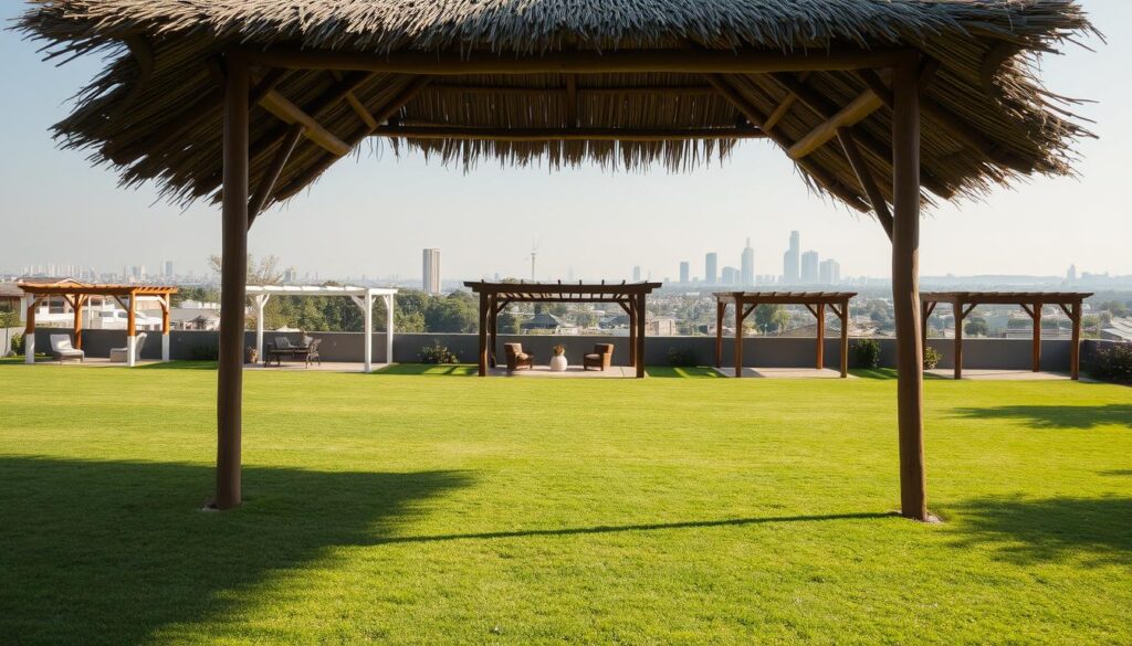 A serene outdoor scene showcasing lapa installation options in the Gauteng region. In the foreground, a well-crafted lapa structure stands, its thatched roof and sturdy wooden beams casting warm shadows across a neatly manicured lawn. The middle ground features a range of lapa styles, from modern minimalist designs to traditional, ornate models, positioned to highlight their unique characteristics. In the background, the cityscape of Johannesburg or Pretoria skyline provides a contextual backdrop, hinting at the urban settings where these lapas would be installed. The lighting is soft and natural, creating a tranquil ambiance that invites the viewer to imagine the lapa as part of a serene outdoor living space. The camera angle is slightly elevated, allowing for a comprehensive view of the various lapa options available in the Gauteng region. A serene outdoor scene showcasing lapa installation options in the Gauteng region. In the foreground, a well-crafted lapa structure stands, its thatched roof and sturdy wooden beams casting warm shadows across a neatly manicured lawn. The middle ground features a range of lapa styles, from modern minimalist designs to traditional, ornate models, positioned to highlight their unique characteristics. In the background, the cityscape of Johannesburg or Pretoria skyline provides a contextual backdrop, hinting at the urban settings where these lapas would be installed. The lighting is soft and natural, creating a tranquil ambiance that invites the viewer to imagine the lapa as part of a serene outdoor living space. The camera angle is slightly elevated, allowing for a comprehensive view of the various lapa options available in the Gauteng region.