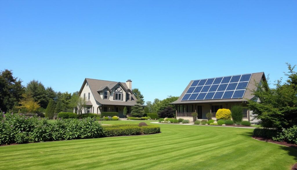 A serene residential scene with a well-maintained lawn and lush greenery. In the foreground, a two-story house with a traditional architectural style, its roof adorned with neatly installed solar panels. The panels are arranged in a symmetrical pattern, casting a warm, efficient glow. In the middle ground, a professional solar panel cleaning service van is parked, and two technicians can be seen diligently cleaning the panels using specialized equipment. The background features a clear, blue sky with a few wispy clouds, creating a tranquil and inviting atmosphere. The overall composition conveys a sense of environmental responsibility and the importance of well-maintained solar power systems. A serene residential scene with a well-maintained lawn and lush greenery. In the foreground, a two-story house with a traditional architectural style, its roof adorned with neatly installed solar panels. The panels are arranged in a symmetrical pattern, casting a warm, efficient glow. In the middle ground, a professional solar panel cleaning service van is parked, and two technicians can be seen diligently cleaning the panels using specialized equipment. The background features a clear, blue sky with a few wispy clouds, creating a tranquil and inviting atmosphere. The overall composition conveys a sense of environmental responsibility and the importance of well-maintained solar power systems.