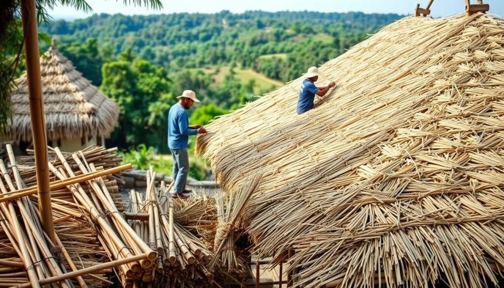 A serene thatch roof installation site, with skilled workers meticulously arranging the intricate patterns of thatched reeds. The foreground showcases the materials and tools used, including bundles of freshly harvested thatch, bamboo poles, and specialized thatching hooks. In the middle ground, workers carefully weave the thatch onto a sturdy wooden frame, creating a seamless and weatherproof roof. The background features a lush, verdant landscape, hinting at the natural setting that complements the traditional thatching technique. The scene is bathed in soft, natural lighting, capturing the artisanal craftsmanship and the rustic charm of this timeless roofing method. A visually striking representation of the key factors influencing thatch roof installation costs. A serene thatch roof installation site, with skilled workers meticulously arranging the intricate patterns of thatched reeds. The foreground showcases the materials and tools used, including bundles of freshly harvested thatch, bamboo poles, and specialized thatching hooks. In the middle ground, workers carefully weave the thatch onto a sturdy wooden frame, creating a seamless and weatherproof roof. The background features a lush, verdant landscape, hinting at the natural setting that complements the traditional thatching technique. The scene is bathed in soft, natural lighting, capturing the artisanal craftsmanship and the rustic charm of this timeless roofing method. A visually striking representation of the key factors influencing thatch roof installation costs.