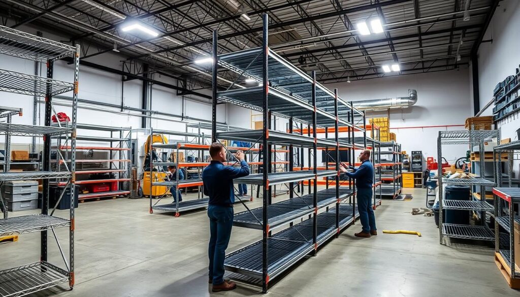 A sleek and modern commercial shelving installation service, captured in a well-lit, spacious workshop setting. In the foreground, skilled technicians carefully assemble sturdy metal shelving units, their focus and expertise evident in their movements. The middle ground showcases the diverse range of shelving options, from industrial-grade to more decorative designs, all neatly organized and ready for installation. In the background, the workshop is filled with an array of tools, equipment, and materials, conveying a sense of professionalism and attention to detail. The overall scene exudes a sense of efficiency, reliability, and a commitment to providing top-quality commercial shelving solutions. A sleek and modern commercial shelving installation service, captured in a well-lit, spacious workshop setting. In the foreground, skilled technicians carefully assemble sturdy metal shelving units, their focus and expertise evident in their movements. The middle ground showcases the diverse range of shelving options, from industrial-grade to more decorative designs, all neatly organized and ready for installation. In the background, the workshop is filled with an array of tools, equipment, and materials, conveying a sense of professionalism and attention to detail. The overall scene exudes a sense of efficiency, reliability, and a commitment to providing top-quality commercial shelving solutions.