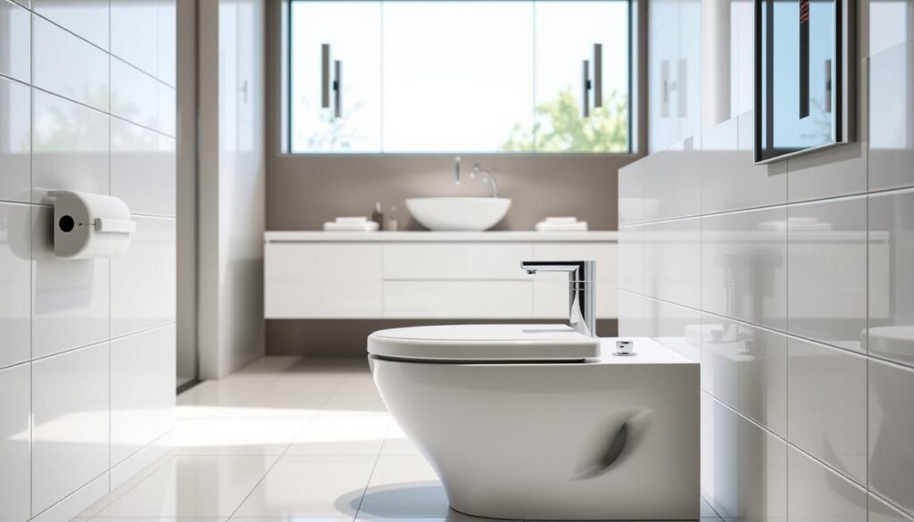 A sleek, modern bathroom setting with a focus on a state-of-the-art toilet installation. The foreground showcases the toilet, its sleek design and high-end fixtures, surrounded by pristine white tiles. The middle ground features a sink vanity with a minimalist aesthetic, complemented by elegant lighting fixtures. In the background, a large window allows natural light to flood the space, creating a bright and airy atmosphere. The overall mood is one of luxury, practicality, and attention to detail - factors that would be crucial considerations for a toilet installation investment in an upscale Johannesburg, Sandton, or Pretoria residence. A sleek, modern bathroom setting with a focus on a state-of-the-art toilet installation. The foreground showcases the toilet, its sleek design and high-end fixtures, surrounded by pristine white tiles. The middle ground features a sink vanity with a minimalist aesthetic, complemented by elegant lighting fixtures. In the background, a large window allows natural light to flood the space, creating a bright and airy atmosphere. The overall mood is one of luxury, practicality, and attention to detail - factors that would be crucial considerations for a toilet installation investment in an upscale Johannesburg, Sandton, or Pretoria residence.