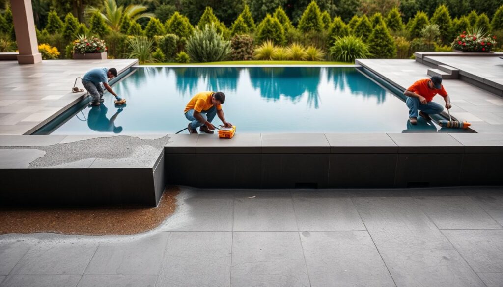 A sleek, modern concrete pool with a team of skilled professionals meticulously repairing and maintaining its surface. The foreground depicts workers using specialized tools and materials to address cracks, chips, and discoloration, ensuring the pool's structural integrity and aesthetic appeal. The middle ground showcases the pool's tranquil waters, reflecting the surrounding environment. In the background, a lush, verdant landscape creates a serene and calming atmosphere, complementing the pool's rejuvenation. The scene is illuminated by warm, diffused lighting, capturing the care and attention dedicated to maximizing the value of this pool repair investment. A sleek, modern concrete pool with a team of skilled professionals meticulously repairing and maintaining its surface. The foreground depicts workers using specialized tools and materials to address cracks, chips, and discoloration, ensuring the pool's structural integrity and aesthetic appeal. The middle ground showcases the pool's tranquil waters, reflecting the surrounding environment. In the background, a lush, verdant landscape creates a serene and calming atmosphere, complementing the pool's rejuvenation. The scene is illuminated by warm, diffused lighting, capturing the care and attention dedicated to maximizing the value of this pool repair investment.