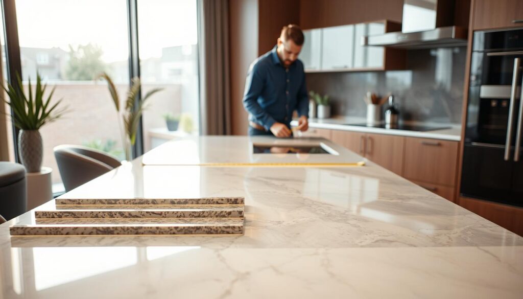 A sleek, modern kitchen countertop replacement setup in the stylish Sandton suburb of Johannesburg. The foreground showcases an array of premium quartz, granite, and marble samples, meticulously arranged to showcase their texture and color. In the middle ground, a skilled contractor measures and examines the existing countertop, preparing for a seamless installation. The background features the warm, contemporary interior of a Sandton home, with large windows letting in ample natural light that gently illuminates the scene. The overall atmosphere conveys professionalism, attention to detail, and the high-end elegance associated with the Sandton region. A sleek, modern kitchen countertop replacement setup in the stylish Sandton suburb of Johannesburg. The foreground showcases an array of premium quartz, granite, and marble samples, meticulously arranged to showcase their texture and color. In the middle ground, a skilled contractor measures and examines the existing countertop, preparing for a seamless installation. The background features the warm, contemporary interior of a Sandton home, with large windows letting in ample natural light that gently illuminates the scene. The overall atmosphere conveys professionalism, attention to detail, and the high-end elegance associated with the Sandton region.