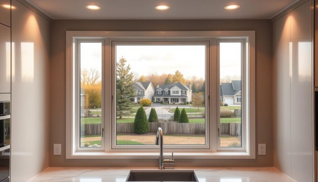 A sleek, modern kitchen interior with a large window showcasing a scenic view of a suburban neighborhood. The window is the focal point, with careful attention to the installation details - clean lines, seamless integration with the surrounding wall, and high-quality hardware. Warm, diffused lighting from overhead sources illuminates the scene, highlighting the window's craftsmanship and the thoughtful design choices that maximize the value of this key architectural element. The overall atmosphere conveys a sense of comfort, functionality, and an appreciation for the investment in quality window installation. A sleek, modern kitchen interior with a large window showcasing a scenic view of a suburban neighborhood. The window is the focal point, with careful attention to the installation details - clean lines, seamless integration with the surrounding wall, and high-quality hardware. Warm, diffused lighting from overhead sources illuminates the scene, highlighting the window's craftsmanship and the thoughtful design choices that maximize the value of this key architectural element. The overall atmosphere conveys a sense of comfort, functionality, and an appreciation for the investment in quality window installation.