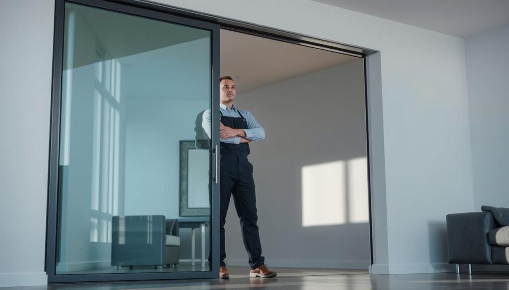 A sleek, modern sliding door installation service in Gauteng, South Africa. A skilled technician in a crisp uniform stands beside an elegantly framed, floor-to-ceiling glass sliding door, showcasing the seamless, high-quality craftsmanship. The setting is a luxurious, minimalist home interior, with natural light flooding through the expertly installed sliding door. Soft, directional lighting highlights the smooth, gliding motion and crystalline transparency of the door. The technician's stance exudes professionalism and attention to detail, reflecting the premium service offered. The overall scene conveys a sense of sophisticated, state-of-the-art home renovation in the Gauteng region. A sleek, modern sliding door installation service in Gauteng, South Africa. A skilled technician in a crisp uniform stands beside an elegantly framed, floor-to-ceiling glass sliding door, showcasing the seamless, high-quality craftsmanship. The setting is a luxurious, minimalist home interior, with natural light flooding through the expertly installed sliding door. Soft, directional lighting highlights the smooth, gliding motion and crystalline transparency of the door. The technician's stance exudes professionalism and attention to detail, reflecting the premium service offered. The overall scene conveys a sense of sophisticated, state-of-the-art home renovation in the Gauteng region.