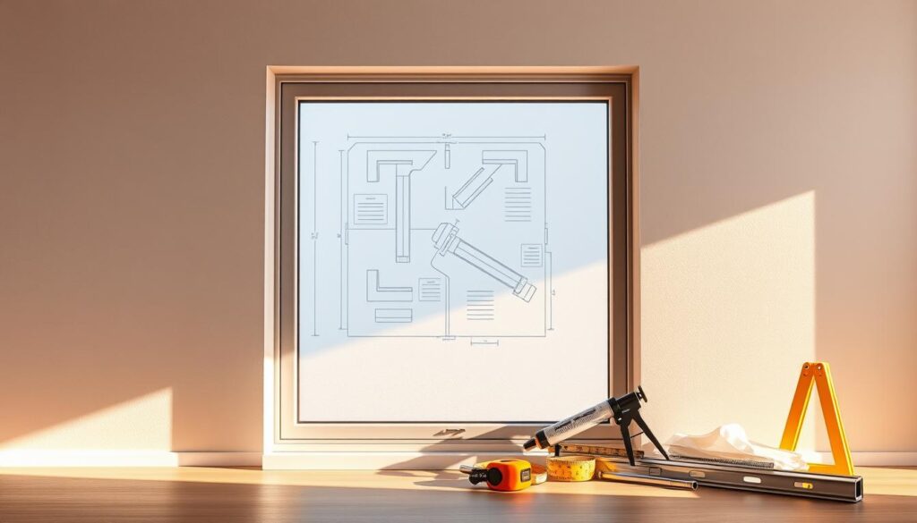 A sleek, modern window frame in brushed aluminum stands prominently in the foreground, casting soft shadows on the surrounding drywall. In the middle ground, a collection of tools and materials used in window installation, such as a caulking gun, measuring tape, and level, are neatly arranged, hinting at the technical expertise required. The background features a stylized blueprint or plan, conveying the importance of careful planning and design in achieving a successful window installation. The overall scene is illuminated by warm, natural lighting, creating a sense of professionalism and attention to detail, reflecting the key factors that influence the cost of window installation in Gauteng. A sleek, modern window frame in brushed aluminum stands prominently in the foreground, casting soft shadows on the surrounding drywall. In the middle ground, a collection of tools and materials used in window installation, such as a caulking gun, measuring tape, and level, are neatly arranged, hinting at the technical expertise required. The background features a stylized blueprint or plan, conveying the importance of careful planning and design in achieving a successful window installation. The overall scene is illuminated by warm, natural lighting, creating a sense of professionalism and attention to detail, reflecting the key factors that influence the cost of window installation in Gauteng.