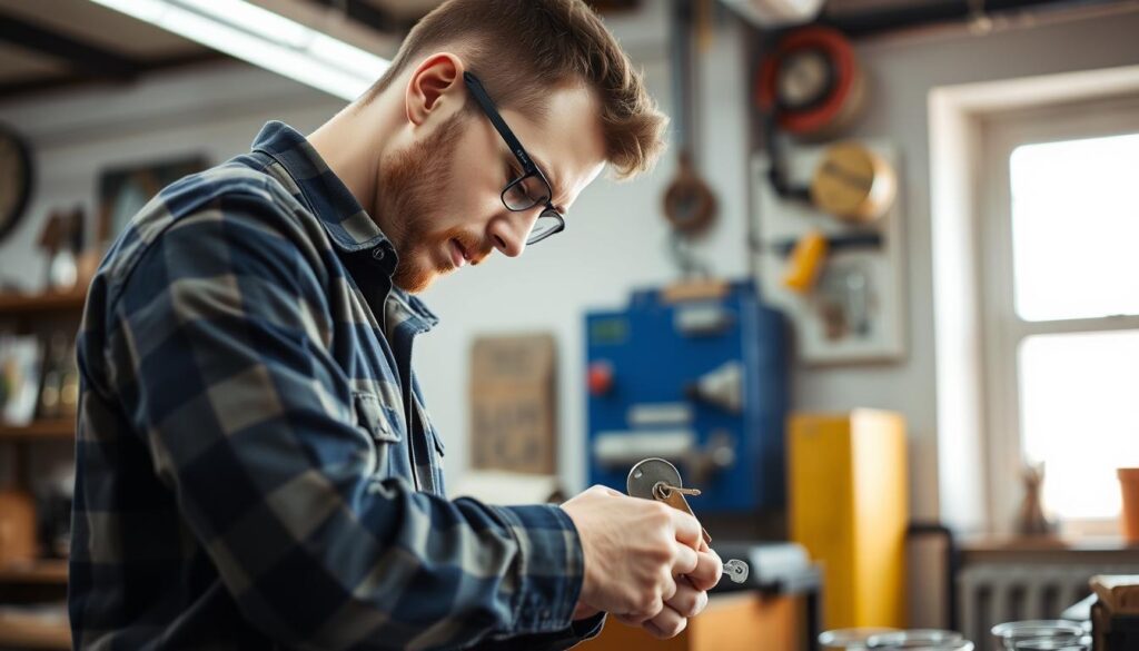 A sleek, professional locksmith workshop set in a modern urban landscape. In the foreground, an array of specialized locksmith tools and equipment are neatly organized on a steel workbench, including lock picks, tension wrenches, and key duplicating machines. In the middle ground, a skilled locksmith in a crisp uniform is carefully examining a lock mechanism, showcasing their expertise. The background depicts the façade of a stately residential building and the signage of a commercial office, hinting at the diverse clientele served. The scene is illuminated by warm, directional lighting that casts subtle shadows, creating a sense of depth and professionalism. The overall atmosphere conveys a combination of technical precision, attention to detail, and a commitment to providing secure, reliable locksmith services for all needs. A sleek, professional locksmith workshop set in a modern urban landscape. In the foreground, an array of specialized locksmith tools and equipment are neatly organized on a steel workbench, including lock picks, tension wrenches, and key duplicating machines. In the middle ground, a skilled locksmith in a crisp uniform is carefully examining a lock mechanism, showcasing their expertise. The background depicts the façade of a stately residential building and the signage of a commercial office, hinting at the diverse clientele served. The scene is illuminated by warm, directional lighting that casts subtle shadows, creating a sense of depth and professionalism. The overall atmosphere conveys a combination of technical precision, attention to detail, and a commitment to providing secure, reliable locksmith services for all needs.