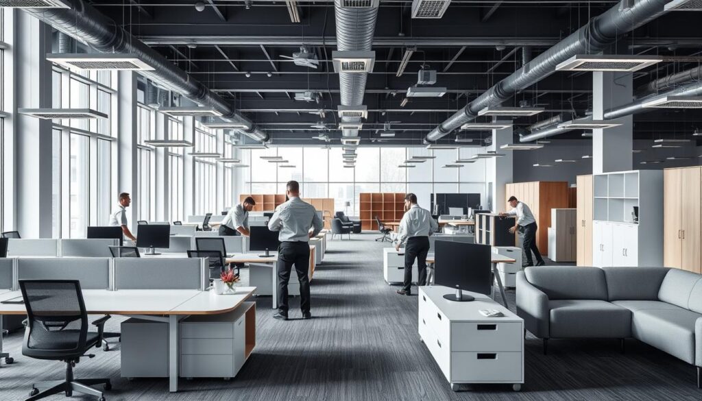 A spacious commercial office setting, showcasing a team of professional furniture installers diligently assembling and arranging a range of modern, modular office furniture. The foreground features sleek desks, ergonomic chairs, and sophisticated storage solutions being expertly installed by skilled technicians in crisp, clean uniforms. The middle ground depicts a well-lit, open-plan layout with large windows, allowing natural light to flood the space. In the background, additional furniture pieces are neatly organized, ready for deployment. The overall scene conveys a sense of efficiency, attention to detail, and a commitment to creating a comfortable, productive work environment. Soft, directional lighting illuminates the scene, casting subtle shadows and highlighting the high-quality craftsmanship of the furniture and the professionalism of the installation team. A spacious commercial office setting, showcasing a team of professional furniture installers diligently assembling and arranging a range of modern, modular office furniture. The foreground features sleek desks, ergonomic chairs, and sophisticated storage solutions being expertly installed by skilled technicians in crisp, clean uniforms. The middle ground depicts a well-lit, open-plan layout with large windows, allowing natural light to flood the space. In the background, additional furniture pieces are neatly organized, ready for deployment. The overall scene conveys a sense of efficiency, attention to detail, and a commitment to creating a comfortable, productive work environment. Soft, directional lighting illuminates the scene, casting subtle shadows and highlighting the high-quality craftsmanship of the furniture and the professionalism of the installation team.