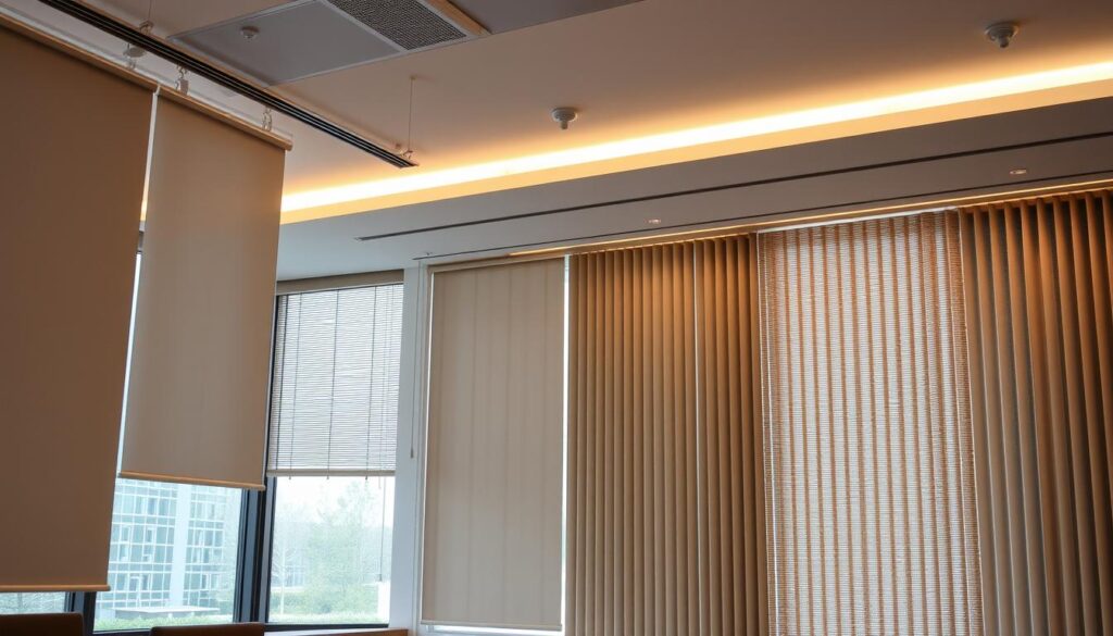 A spacious, well-lit commercial interior showcasing a variety of blinds and shades. In the foreground, sleek roller blinds in neutral tones seamlessly integrate with the modern office decor. In the middle ground, sophisticated panel track systems in muted colors frame tall windows, allowing for precise light control. The background features an array of vertical blinds, from simple mono-color to textured patterns, demonstrating the versatility of commercial blind solutions. Warm, directional lighting from above accentuates the textures and contours of the blinds, creating a welcoming and professional ambiance suitable for any business setting. A spacious, well-lit commercial interior showcasing a variety of blinds and shades. In the foreground, sleek roller blinds in neutral tones seamlessly integrate with the modern office decor. In the middle ground, sophisticated panel track systems in muted colors frame tall windows, allowing for precise light control. The background features an array of vertical blinds, from simple mono-color to textured patterns, demonstrating the versatility of commercial blind solutions. Warm, directional lighting from above accentuates the textures and contours of the blinds, creating a welcoming and professional ambiance suitable for any business setting.