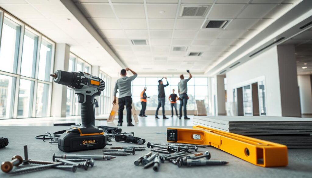 A spacious, well-lit interior with a focus on a ceiling installation setup. In the foreground, various tools and materials used for ceiling installation, such as a power drill, screws, drywall panels, and a level. In the middle ground, a team of skilled workers carefully measuring and mounting the ceiling panels, showcasing the process. The background features a clean, modern architectural space with ample natural lighting streaming in through large windows, highlighting the importance of proper ceiling installation for a visually appealing and functional space. The overall scene conveys a sense of precision, expertise, and attention to detail required for a successful ceiling installation project. A spacious, well-lit interior with a focus on a ceiling installation setup. In the foreground, various tools and materials used for ceiling installation, such as a power drill, screws, drywall panels, and a level. In the middle ground, a team of skilled workers carefully measuring and mounting the ceiling panels, showcasing the process. The background features a clean, modern architectural space with ample natural lighting streaming in through large windows, highlighting the importance of proper ceiling installation for a visually appealing and functional space. The overall scene conveys a sense of precision, expertise, and attention to detail required for a successful ceiling installation project.