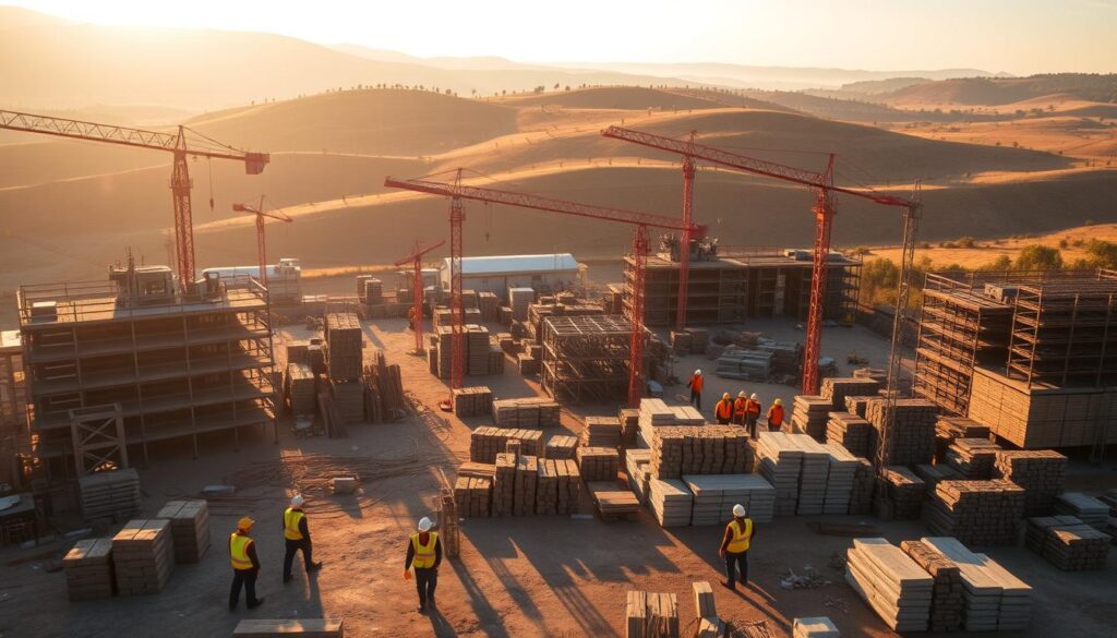 A sprawling construction site nestled in a provincial landscape, illuminated by warm sunlight casting long shadows. In the foreground, a group of workers in high-visibility vests and hard hats navigate the maze of scaffolding, cranes, and heavy machinery. The middle ground features piles of building materials, from stacks of bricks to coils of electrical wiring, symbolizing the diverse factors influencing provincial construction costs. In the background, rolling hills dotted with sparse vegetation create a sense of the regional setting. The scene conveys the dynamic, labor-intensive nature of construction, while hinting at the geographical and logistical challenges that shape provincial construction expenses. A sprawling construction site nestled in a provincial landscape, illuminated by warm sunlight casting long shadows. In the foreground, a group of workers in high-visibility vests and hard hats navigate the maze of scaffolding, cranes, and heavy machinery. The middle ground features piles of building materials, from stacks of bricks to coils of electrical wiring, symbolizing the diverse factors influencing provincial construction costs. In the background, rolling hills dotted with sparse vegetation create a sense of the regional setting. The scene conveys the dynamic, labor-intensive nature of construction, while hinting at the geographical and logistical challenges that shape provincial construction expenses.