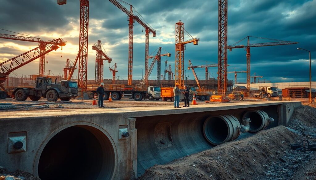 A sprawling construction site, where heavy machinery and workers toil to build an intricate network of storm drains. The foreground features a cross-section of the drain, showcasing its sturdy concrete structure and efficient drainage system. In the middle ground, engineers scrutinize blueprints, coordinating the installation of pipes and manholes. The background is dominated by the towering cranes and scaffolding, casting dramatic shadows across the scene. The lighting is a mix of warm, golden tones from the sun and the cool, blue hues of the overcast sky, creating a sense of depth and drama. The overall atmosphere conveys the scale, complexity, and importance of storm drain construction, reflecting the diverse price ranges involved in such a critical infrastructure project. A sprawling construction site, where heavy machinery and workers toil to build an intricate network of storm drains. The foreground features a cross-section of the drain, showcasing its sturdy concrete structure and efficient drainage system. In the middle ground, engineers scrutinize blueprints, coordinating the installation of pipes and manholes. The background is dominated by the towering cranes and scaffolding, casting dramatic shadows across the scene. The lighting is a mix of warm, golden tones from the sun and the cool, blue hues of the overcast sky, creating a sense of depth and drama. The overall atmosphere conveys the scale, complexity, and importance of storm drain construction, reflecting the diverse price ranges involved in such a critical infrastructure project.