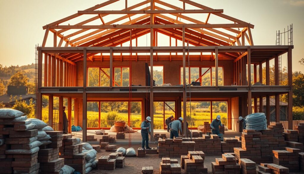A sprawling two-story house under construction, bathed in warm afternoon sunlight. The framework of wooden beams and scaffolding stands tall, surrounded by piles of building materials - bricks, cement bags, and coils of wire. In the foreground, a group of construction workers carefully lay bricks, their movements captured in a sharp, documentary-style composition. The background reveals the lush, verdant landscape of a South African suburb, hinting at the peaceful setting that will soon envelop the completed dwelling. The scene conveys the scale, complexity, and craftsmanship involved in building a double-story home, offering a glimpse into the construction costs and process. A sprawling two-story house under construction, bathed in warm afternoon sunlight. The framework of wooden beams and scaffolding stands tall, surrounded by piles of building materials - bricks, cement bags, and coils of wire. In the foreground, a group of construction workers carefully lay bricks, their movements captured in a sharp, documentary-style composition. The background reveals the lush, verdant landscape of a South African suburb, hinting at the peaceful setting that will soon envelop the completed dwelling. The scene conveys the scale, complexity, and craftsmanship involved in building a double-story home, offering a glimpse into the construction costs and process.