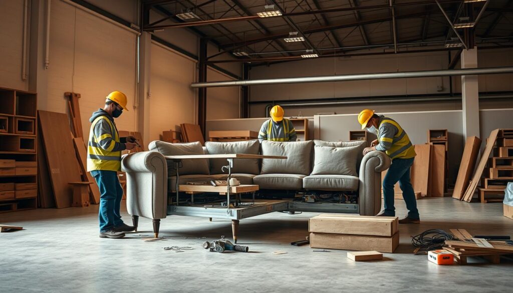 A team of experienced furniture disassembly specialists, wearing protective gear, carefully dismantling a complex sofa in a well-lit, spacious workshop. The specialists handle the task with precision, using specialized tools to safely separate the components. The scene conveys a sense of professionalism and attention to detail, ensuring the furniture is disassembled without damage, ready for a seamless move. Soft, warm lighting illuminates the workshop, creating a calming atmosphere. The image emphasizes the importance of entrusting furniture disassembly to skilled professionals, who can efficiently and safely prepare items for relocation. A team of experienced furniture disassembly specialists, wearing protective gear, carefully dismantling a complex sofa in a well-lit, spacious workshop. The specialists handle the task with precision, using specialized tools to safely separate the components. The scene conveys a sense of professionalism and attention to detail, ensuring the furniture is disassembled without damage, ready for a seamless move. Soft, warm lighting illuminates the workshop, creating a calming atmosphere. The image emphasizes the importance of entrusting furniture disassembly to skilled professionals, who can efficiently and safely prepare items for relocation.