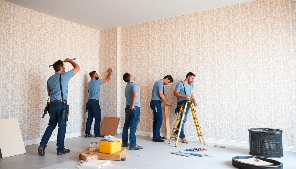 A team of professional wallpaper installers diligently working in a well-lit, spacious room. They carefully measure, cut, and apply the wallpaper with precision, ensuring a seamless, high-quality finish. The team moves in a synchronized rhythm, their tools and materials neatly organized, showcasing their expertise and attention to detail. The background features a neutral-toned wall, allowing the focus to remain on the skilled workers and their craft. The overall atmosphere conveys a sense of efficiency, professionalism, and a commitment to delivering exceptional wallpaper installation services. A team of professional wallpaper installers diligently working in a well-lit, spacious room. They carefully measure, cut, and apply the wallpaper with precision, ensuring a seamless, high-quality finish. The team moves in a synchronized rhythm, their tools and materials neatly organized, showcasing their expertise and attention to detail. The background features a neutral-toned wall, allowing the focus to remain on the skilled workers and their craft. The overall atmosphere conveys a sense of efficiency, professionalism, and a commitment to delivering exceptional wallpaper installation services.