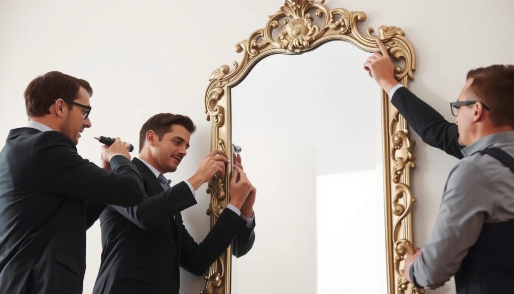 A team of skilled mirror installation specialists, dressed in professional attire, meticulously working together to carefully mount a large, ornate wall mirror. The scene is well-lit, with soft, diffused lighting highlighting the precision of their movements and the gleam of the mirror's surface. The specialists' expressions convey a sense of focus and expertise as they use specialized tools to ensure a perfect, level installation. The background is clean and uncluttered, allowing the viewer to focus on the task at hand. The overall atmosphere is one of professionalism, attention to detail, and a commitment to providing high-quality mirror installation services. A team of skilled mirror installation specialists, dressed in professional attire, meticulously working together to carefully mount a large, ornate wall mirror. The scene is well-lit, with soft, diffused lighting highlighting the precision of their movements and the gleam of the mirror's surface. The specialists' expressions convey a sense of focus and expertise as they use specialized tools to ensure a perfect, level installation. The background is clean and uncluttered, allowing the viewer to focus on the task at hand. The overall atmosphere is one of professionalism, attention to detail, and a commitment to providing high-quality mirror installation services.