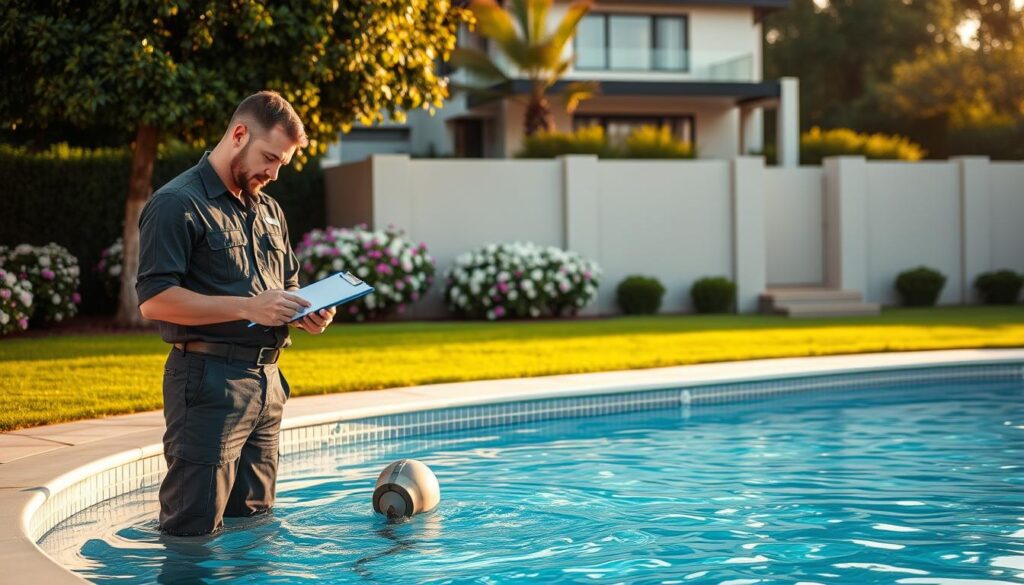 A tranquil scene of a residential pool in Gauteng, with clear, shimmering water and lush, verdant surroundings. In the foreground, a pool technician in uniform examines the equipment, clipboard in hand, evaluating the repair needs. The mid-ground features a neatly manicured lawn and lush, flowering shrubs, creating a welcoming, suburban ambiance. In the background, a modern, two-story home with clean, contemporary architecture stands as the backdrop. The lighting is soft and natural, casting warm, golden tones across the scene, conveying a sense of professionalism and care. The overall atmosphere exudes a balance of functionality and aesthetics, capturing the essence of pool repair services for Gauteng homeowners. A tranquil scene of a residential pool in Gauteng, with clear, shimmering water and lush, verdant surroundings. In the foreground, a pool technician in uniform examines the equipment, clipboard in hand, evaluating the repair needs. The mid-ground features a neatly manicured lawn and lush, flowering shrubs, creating a welcoming, suburban ambiance. In the background, a modern, two-story home with clean, contemporary architecture stands as the backdrop. The lighting is soft and natural, casting warm, golden tones across the scene, conveying a sense of professionalism and care. The overall atmosphere exudes a balance of functionality and aesthetics, capturing the essence of pool repair services for Gauteng homeowners.