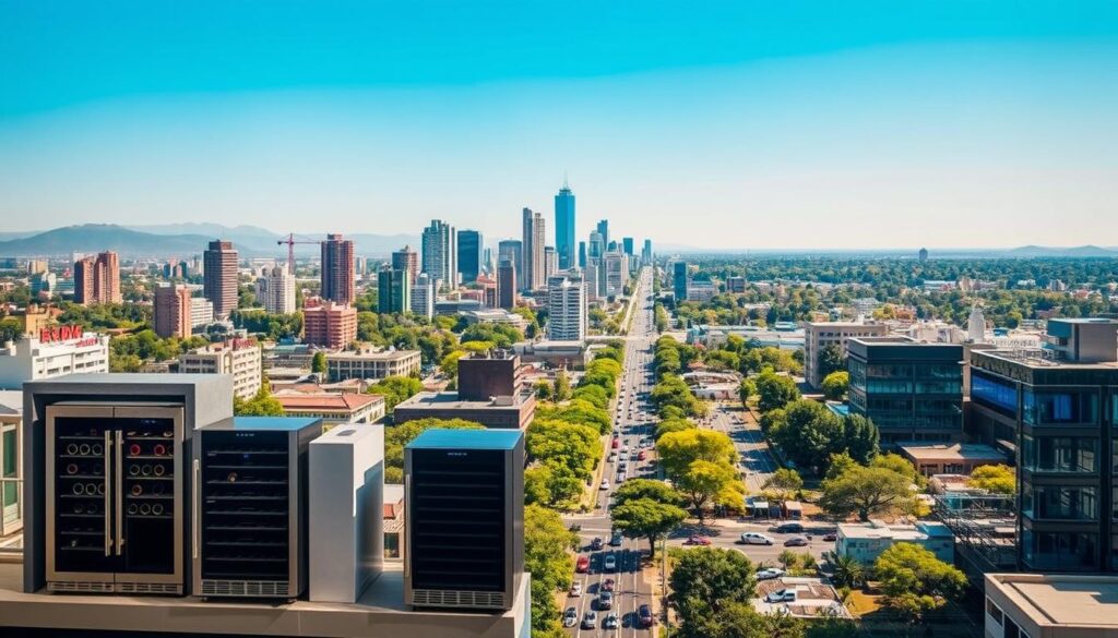 A vibrant cityscape showcasing the service areas of a premium wine cooler installation company across Gauteng, South Africa. In the foreground, sleek wine fridges and beverage centers sit pristinely installed in modern homes and businesses. The middle ground features busy streets lined with towering skyscrapers and lush greenery, representing the diverse neighborhoods of Johannesburg and Pretoria. In the background, a hazy blue sky accentuates the dynamic energy of this thriving metropolitan region. Warm lighting casts a sophisticated ambiance, highlighting the attention to detail and professionalism of the installation services. The composition conveys a sense of reliable, comprehensive coverage across the greater Gauteng area. A vibrant cityscape showcasing the service areas of a premium wine cooler installation company across Gauteng, South Africa. In the foreground, sleek wine fridges and beverage centers sit pristinely installed in modern homes and businesses. The middle ground features busy streets lined with towering skyscrapers and lush greenery, representing the diverse neighborhoods of Johannesburg and Pretoria. In the background, a hazy blue sky accentuates the dynamic energy of this thriving metropolitan region. Warm lighting casts a sophisticated ambiance, highlighting the attention to detail and professionalism of the installation services. The composition conveys a sense of reliable, comprehensive coverage across the greater Gauteng area.