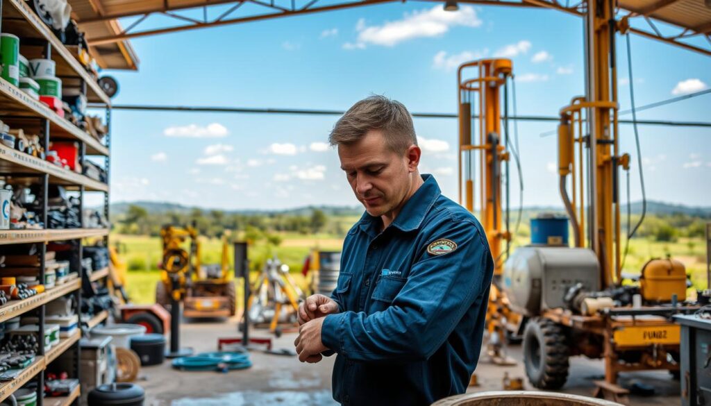 A well-equipped workshop filled with professional tools and equipment for borehole repair services in Gauteng. In the foreground, a skilled technician in uniform diligently works on a borehole, surrounded by neatly organized shelves of parts and supplies. The middle ground features a collection of specialized drilling rigs and machinery, conveying the expertise and advanced capabilities of the service provider. The background depicts a tranquil outdoor setting, with lush greenery and a clear blue sky, suggesting the reliable and trustworthy nature of the service. Warm, natural lighting illuminates the scene, creating a welcoming and professional atmosphere. A well-equipped workshop filled with professional tools and equipment for borehole repair services in Gauteng. In the foreground, a skilled technician in uniform diligently works on a borehole, surrounded by neatly organized shelves of parts and supplies. The middle ground features a collection of specialized drilling rigs and machinery, conveying the expertise and advanced capabilities of the service provider. The background depicts a tranquil outdoor setting, with lush greenery and a clear blue sky, suggesting the reliable and trustworthy nature of the service. Warm, natural lighting illuminates the scene, creating a welcoming and professional atmosphere.