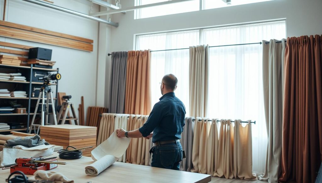 A well-equipped workshop with professional-grade curtain installation tools and materials. In the foreground, a skilled technician expertly measures and cuts fabric, with precise, focused movements. The middle ground showcases an array of beautifully crafted curtain panels in a variety of colors and textures, ready for installation. In the background, floor-to-ceiling windows let in ample natural light, creating a bright and airy atmosphere. The scene conveys a sense of expertise, attention to detail, and a commitment to delivering high-quality curtain services that elevate the living spaces of clients. A well-equipped workshop with professional-grade curtain installation tools and materials. In the foreground, a skilled technician expertly measures and cuts fabric, with precise, focused movements. The middle ground showcases an array of beautifully crafted curtain panels in a variety of colors and textures, ready for installation. In the background, floor-to-ceiling windows let in ample natural light, creating a bright and airy atmosphere. The scene conveys a sense of expertise, attention to detail, and a commitment to delivering high-quality curtain services that elevate the living spaces of clients.