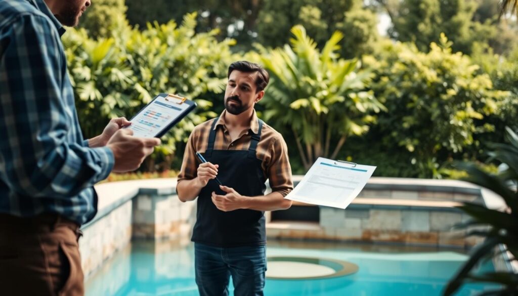 A well-lit and detailed consultation scene with a homeowner and a handyman discussing the costs and scope of a gunite pool repair project. The handyman stands in the foreground, holding a tablet and clipboard, explaining estimates and options to the homeowner who listens intently. In the middle ground, the gunite pool is visible, showcasing its condition and areas needing repair. The background features a lush, verdant garden setting, creating a calming and professional atmosphere. The lighting is natural, with soft shadows and highlights accentuating the scene. The overall mood is one of a collaborative, informative consultation between the experts and the homeowner. A well-lit and detailed consultation scene with a homeowner and a handyman discussing the costs and scope of a gunite pool repair project. The handyman stands in the foreground, holding a tablet and clipboard, explaining estimates and options to the homeowner who listens intently. In the middle ground, the gunite pool is visible, showcasing its condition and areas needing repair. The background features a lush, verdant garden setting, creating a calming and professional atmosphere. The lighting is natural, with soft shadows and highlights accentuating the scene. The overall mood is one of a collaborative, informative consultation between the experts and the homeowner.