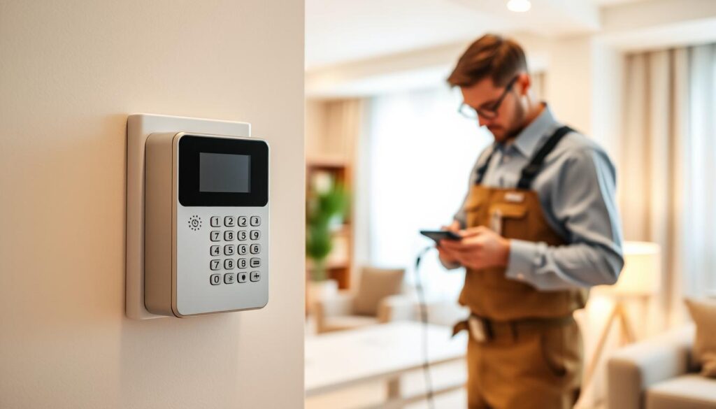 A well-lit and functional intercom control panel, showcasing its reliable installation and cost-effective solutions. The foreground features a modern, sleek intercom unit with intuitive buttons and display, seamlessly integrated into a minimalist wall mount. The middle ground depicts a skilled handyman in a crisp uniform, carefully connecting wires and ensuring a professional setup. In the background, a warm and welcoming home interior with neutral tones complements the intercom's integration, conveying a sense of security and convenience. The scene is captured with a slightly elevated camera angle, emphasizing the intercom's central role in the overall home automation system. A well-lit and functional intercom control panel, showcasing its reliable installation and cost-effective solutions. The foreground features a modern, sleek intercom unit with intuitive buttons and display, seamlessly integrated into a minimalist wall mount. The middle ground depicts a skilled handyman in a crisp uniform, carefully connecting wires and ensuring a professional setup. In the background, a warm and welcoming home interior with neutral tones complements the intercom's integration, conveying a sense of security and convenience. The scene is captured with a slightly elevated camera angle, emphasizing the intercom's central role in the overall home automation system.