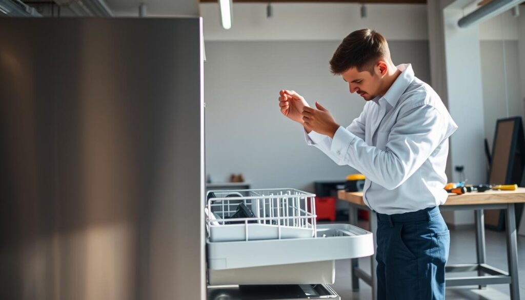A well-lit and spacious workshop setting, featuring a professional-grade dishwasher installation in progress. The foreground showcases the dishwasher unit, its sleek stainless steel exterior gleaming under the soft, diffused lighting. A technician, clad in a clean, crisp uniform, is carefully aligning the dishwasher and making precision adjustments, their hands deftly navigating the various connections and components. In the middle ground, additional tools and equipment, neatly organized on a sturdy workbench, suggest the attention to detail and expertise of the installation team. The background depicts a modern, minimalist interior, with neutral-toned walls and subtle architectural details, creating a sense of refinement and professionalism. The overall scene conveys the reliable, efficient, and high-quality nature of the dishwasher installation services offered. A well-lit and spacious workshop setting, featuring a professional-grade dishwasher installation in progress. The foreground showcases the dishwasher unit, its sleek stainless steel exterior gleaming under the soft, diffused lighting. A technician, clad in a clean, crisp uniform, is carefully aligning the dishwasher and making precision adjustments, their hands deftly navigating the various connections and components. In the middle ground, additional tools and equipment, neatly organized on a sturdy workbench, suggest the attention to detail and expertise of the installation team. The background depicts a modern, minimalist interior, with neutral-toned walls and subtle architectural details, creating a sense of refinement and professionalism. The overall scene conveys the reliable, efficient, and high-quality nature of the dishwasher installation services offered.