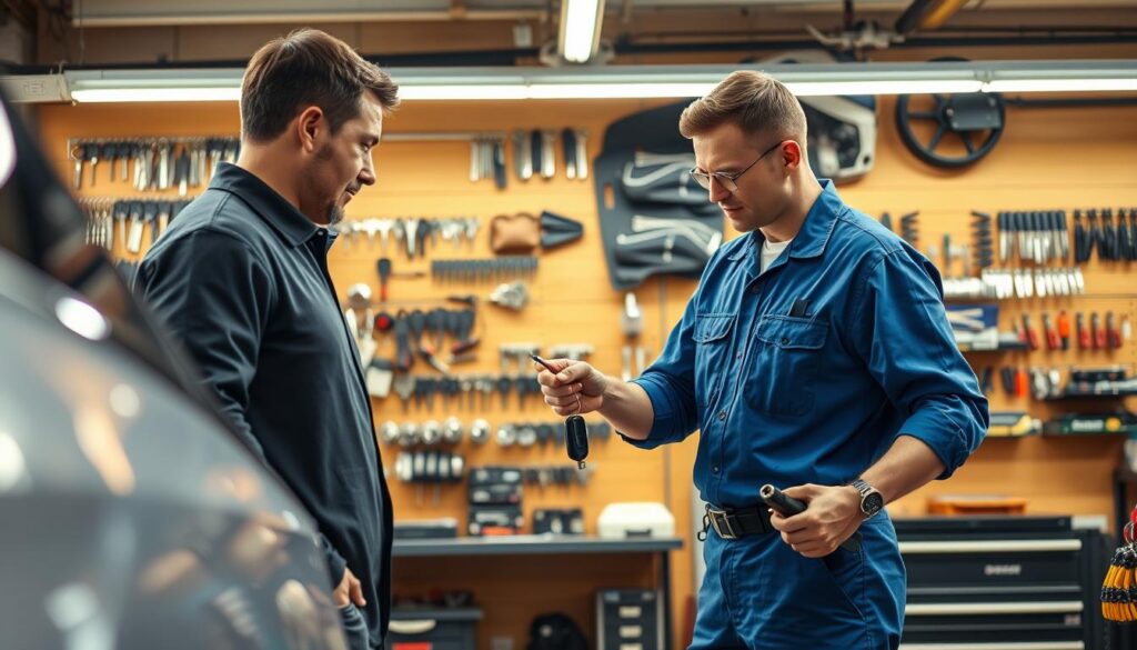 A well-lit automotive repair shop interior, with a skilled locksmith in blue coveralls swiftly responding to a customer's emergency vehicle lockout. The locksmith is using specialized tools to carefully pick the lock, while the anxious customer stands nearby, their car keys in hand. In the background, shelves filled with an array of replacement keys, tools, and locksmithing equipment create a sense of a professional, well-equipped workspace. Warm-toned lighting and a clean, organized environment convey the locksmith's expertise and the shop's commitment to efficient, reliable service. The scene captures the urgency and precision of an automotive locksmith's emergency response. A well-lit automotive repair shop interior, with a skilled locksmith in blue coveralls swiftly responding to a customer's emergency vehicle lockout. The locksmith is using specialized tools to carefully pick the lock, while the anxious customer stands nearby, their car keys in hand. In the background, shelves filled with an array of replacement keys, tools, and locksmithing equipment create a sense of a professional, well-equipped workspace. Warm-toned lighting and a clean, organized environment convey the locksmith's expertise and the shop's commitment to efficient, reliable service. The scene captures the urgency and precision of an automotive locksmith's emergency response.