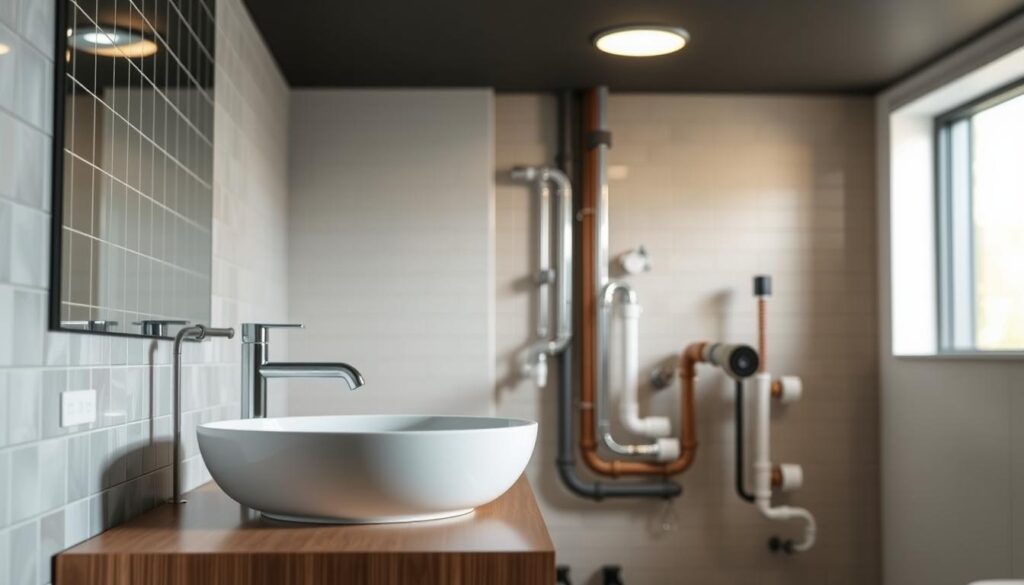 A well-lit, detailed interior scene showcasing the key factors that influence the cost of a vanity basin installation. In the foreground, a modern white ceramic vanity basin sits atop a wooden vanity unit, its sleek lines and minimalist design highlighting the premium materials used. In the middle ground, various plumbing components such as faucets, pipes, and valves are displayed, representing the complexity of the installation process. In the background, a tiled wall provides a clean and sophisticated backdrop, while a recessed ceiling light casts a warm, natural illumination across the scene. The overall composition conveys a sense of high-end, professional-grade bathroom design, emphasizing the importance of considering all cost factors when planning a vanity basin installation. A well-lit, detailed interior scene showcasing the key factors that influence the cost of a vanity basin installation. In the foreground, a modern white ceramic vanity basin sits atop a wooden vanity unit, its sleek lines and minimalist design highlighting the premium materials used. In the middle ground, various plumbing components such as faucets, pipes, and valves are displayed, representing the complexity of the installation process. In the background, a tiled wall provides a clean and sophisticated backdrop, while a recessed ceiling light casts a warm, natural illumination across the scene. The overall composition conveys a sense of high-end, professional-grade bathroom design, emphasizing the importance of considering all cost factors when planning a vanity basin installation.