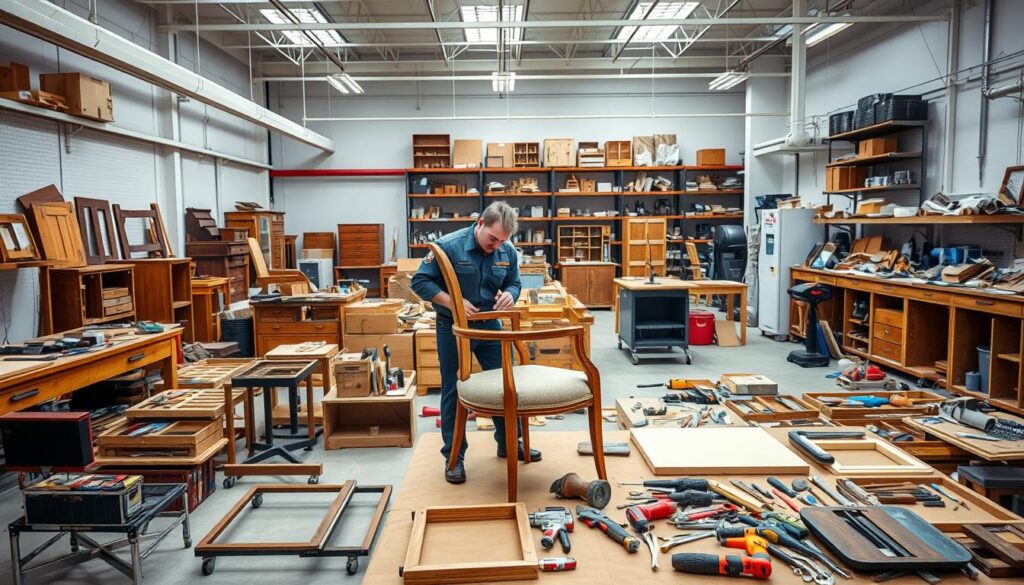 A well-lit, expansive workshop interior with an assortment of disassembled furniture components neatly organized on workbenches. In the foreground, a technician in a uniform carefully dismantles a chair, showcasing their expertise. In the middle ground, various tools and equipment used for furniture disassembly, such as screwdrivers, wrenches, and power tools. The background features shelves stocked with spare parts and storage solutions. The overall scene conveys a sense of professionalism, efficiency, and a comprehensive range of furniture disassembly services. A well-lit, expansive workshop interior with an assortment of disassembled furniture components neatly organized on workbenches. In the foreground, a technician in a uniform carefully dismantles a chair, showcasing their expertise. In the middle ground, various tools and equipment used for furniture disassembly, such as screwdrivers, wrenches, and power tools. The background features shelves stocked with spare parts and storage solutions. The overall scene conveys a sense of professionalism, efficiency, and a comprehensive range of furniture disassembly services.