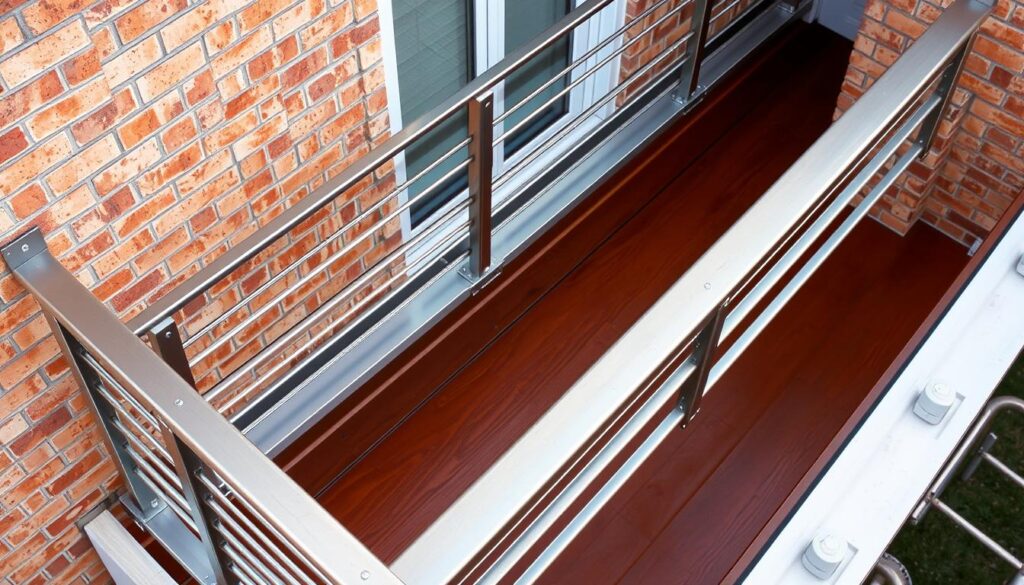 A well-lit, high-angle view of a modern, sturdy fall prevention railing system being installed on a porch or balcony. The railings are made of sleek, polished metal in a brushed steel finish, complementing the warm, earthy tones of the surrounding brick or wood structure. The installation process is captured in detail, showcasing the workers' careful attention to securing the posts and attaching the horizontal rails, ensuring a safe and accessible design. The scene conveys a sense of safety, functionality, and seamless integration with the home's architecture. A well-lit, high-angle view of a modern, sturdy fall prevention railing system being installed on a porch or balcony. The railings are made of sleek, polished metal in a brushed steel finish, complementing the warm, earthy tones of the surrounding brick or wood structure. The installation process is captured in detail, showcasing the workers' careful attention to securing the posts and attaching the horizontal rails, ensuring a safe and accessible design. The scene conveys a sense of safety, functionality, and seamless integration with the home's architecture.