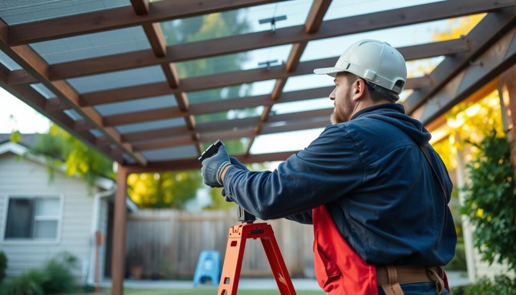 A well-lit, high-resolution image depicting key factors influencing the cost of carport installation. In the foreground, a team of professional carport installers in safety gear are shown at work, showcasing their expertise. The middle ground features a partially constructed carport frame, highlighting the materials and tools used. In the background, a detailed breakdown of cost factors, such as labor rates, material costs, site preparation, and permitting, is displayed on a tablet or laptop screen. The scene conveys a sense of efficiency, attention to detail, and a comprehensive understanding of the elements that contribute to the overall installation price. A well-lit, high-resolution image depicting key factors influencing the cost of carport installation. In the foreground, a team of professional carport installers in safety gear are shown at work, showcasing their expertise. The middle ground features a partially constructed carport frame, highlighting the materials and tools used. In the background, a detailed breakdown of cost factors, such as labor rates, material costs, site preparation, and permitting, is displayed on a tablet or laptop screen. The scene conveys a sense of efficiency, attention to detail, and a comprehensive understanding of the elements that contribute to the overall installation price.