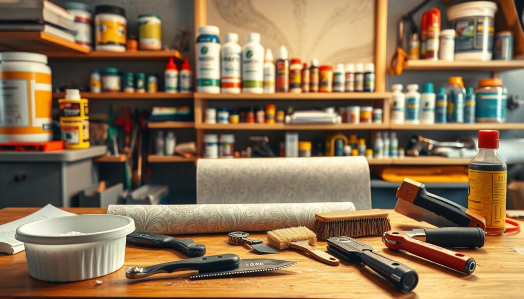 A well-lit, high-resolution image of a professional workbench covered with a variety of wallpaper repair tools and materials. In the foreground, a tub of wallpaper paste, a sharp utility knife, a wallpaper scraper, and a seam roller. In the middle ground, a pattern-matched wallpaper roll, a smoothing brush, and a wallpaper trimmer. In the background, shelves stocked with a range of wallpaper adhesives, patching compounds, and specialty tools, all bathed in warm, natural lighting that creates a sense of craftsmanship and expertise. A well-lit, high-resolution image of a professional workbench covered with a variety of wallpaper repair tools and materials. In the foreground, a tub of wallpaper paste, a sharp utility knife, a wallpaper scraper, and a seam roller. In the middle ground, a pattern-matched wallpaper roll, a smoothing brush, and a wallpaper trimmer. In the background, shelves stocked with a range of wallpaper adhesives, patching compounds, and specialty tools, all bathed in warm, natural lighting that creates a sense of craftsmanship and expertise.