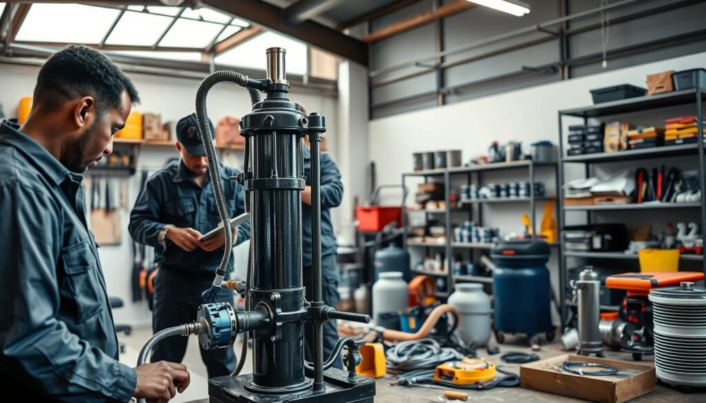 A well-lit, high-resolution photograph of a borehole pump repair service station in Gauteng, South Africa. The foreground features a team of technicians inspecting and working on a borehole pump, showcasing their expertise. The middle ground displays a range of tools, spare parts, and equipment used for borehole pump repair and maintenance. The background depicts a modern, clean workshop setting with shelves stocked with additional supplies. The lighting is natural, creating a bright and professional atmosphere. The overall composition highlights the attention to detail and quality of the borehole pump repair services available in the Gauteng region. A well-lit, high-resolution photograph of a borehole pump repair service station in Gauteng, South Africa. The foreground features a team of technicians inspecting and working on a borehole pump, showcasing their expertise. The middle ground displays a range of tools, spare parts, and equipment used for borehole pump repair and maintenance. The background depicts a modern, clean workshop setting with shelves stocked with additional supplies. The lighting is natural, creating a bright and professional atmosphere. The overall composition highlights the attention to detail and quality of the borehole pump repair services available in the Gauteng region.