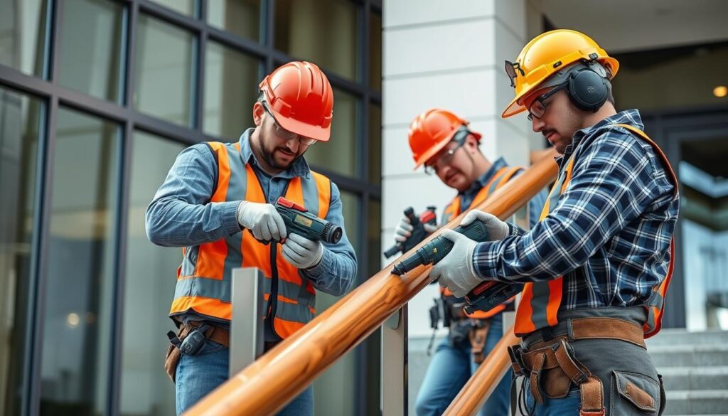 A well-lit, high-resolution photograph of a team of licensed and insured handrail contractors working on a commercial-grade handrail installation project. The contractors are wearing safety gear and operating power tools with precision, showcasing their expertise and attention to detail. The handrail is made of sturdy metal or wooden materials, and the background features a modern commercial or office building exterior. The image conveys a sense of professionalism, reliability, and the contractors' commitment to delivering high-quality handrail services. A well-lit, high-resolution photograph of a team of licensed and insured handrail contractors working on a commercial-grade handrail installation project. The contractors are wearing safety gear and operating power tools with precision, showcasing their expertise and attention to detail. The handrail is made of sturdy metal or wooden materials, and the background features a modern commercial or office building exterior. The image conveys a sense of professionalism, reliability, and the contractors' commitment to delivering high-quality handrail services.