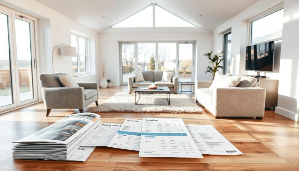 A well-lit, modern living room interior with an extension showcasing various handyman pricing and quote options. The foreground features a minimalist coffee table with neatly arranged brochures, price lists, and sample materials, conveying the idea of planning and budgeting for the extension. The middle ground shows a cozy seating area with comfortable armchairs and a plush rug, hinting at the final result of the living room expansion. The background depicts large windows overlooking a tranquil outdoor scene, evoking a sense of spaciousness and natural light. The overall mood is one of thoughtful consideration, professionalism, and the promise of an enhanced living experience. The image should be captured at a slightly elevated angle to showcase the entire living room setting. A well-lit, modern living room interior with an extension showcasing various handyman pricing and quote options. The foreground features a minimalist coffee table with neatly arranged brochures, price lists, and sample materials, conveying the idea of planning and budgeting for the extension. The middle ground shows a cozy seating area with comfortable armchairs and a plush rug, hinting at the final result of the living room expansion. The background depicts large windows overlooking a tranquil outdoor scene, evoking a sense of spaciousness and natural light. The overall mood is one of thoughtful consideration, professionalism, and the promise of an enhanced living experience. The image should be captured at a slightly elevated angle to showcase the entire living room setting.