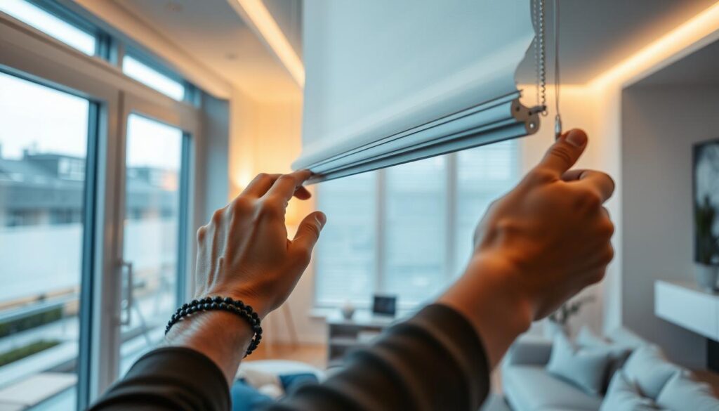 A well-lit, modern smart home interior with a close-up view of a window installation process. In the foreground, a person's hands are carefully adjusting the motorized blinds, showcasing the seamless integration of technology and home decor. The middle ground features sleek, minimalist window frames and the latest smart home control panel. The background subtly depicts a cozy, minimalist living space, emphasizing the effortless automation and convenience of the upgraded window treatments. The scene is captured with a warm, inviting lighting setup and a slightly elevated camera angle, highlighting the sophisticated integration of the smart home system. A well-lit, modern smart home interior with a close-up view of a window installation process. In the foreground, a person's hands are carefully adjusting the motorized blinds, showcasing the seamless integration of technology and home decor. The middle ground features sleek, minimalist window frames and the latest smart home control panel. The background subtly depicts a cozy, minimalist living space, emphasizing the effortless automation and convenience of the upgraded window treatments. The scene is captured with a warm, inviting lighting setup and a slightly elevated camera angle, highlighting the sophisticated integration of the smart home system.